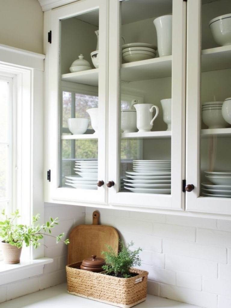 Farmhouse kitchen with glass-front cabinets displaying vintage dishes and décor