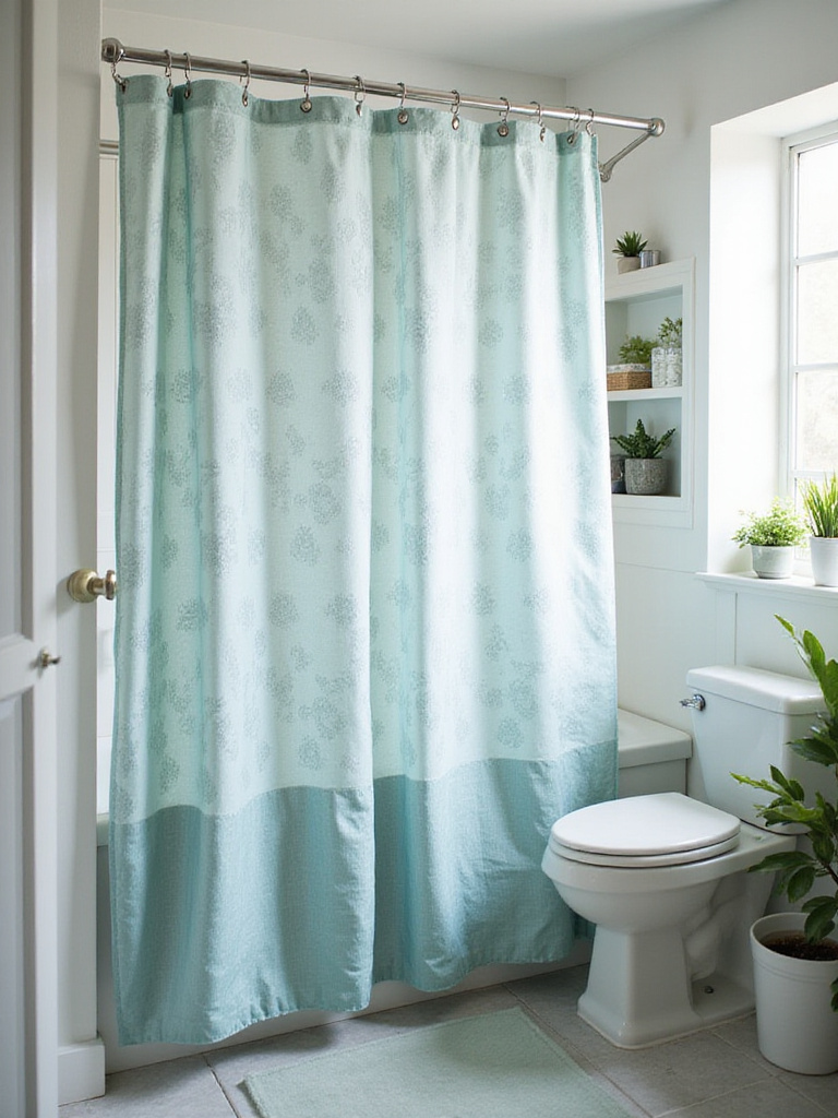 Stylish teal and gray geometric shower curtain transforming a bathroom on a budget