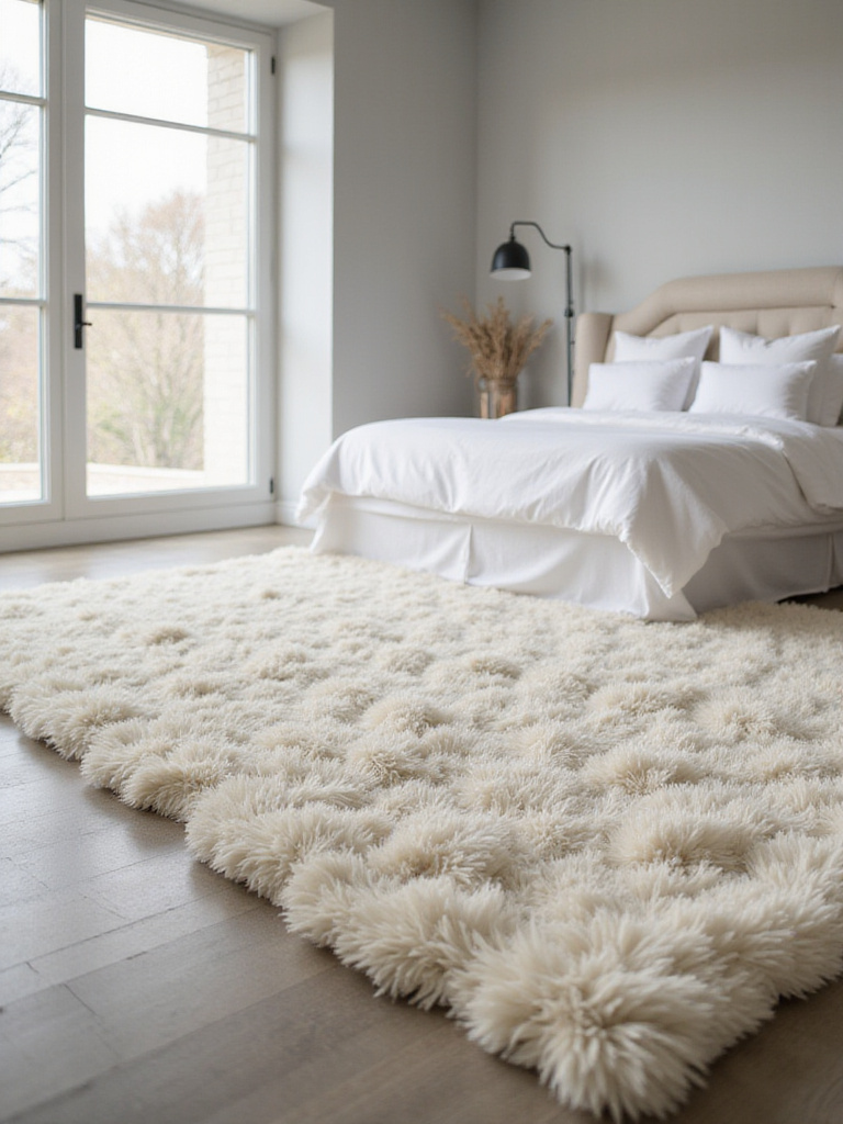 Luxurious bedroom with a plush ivory rug under a king-sized bed.