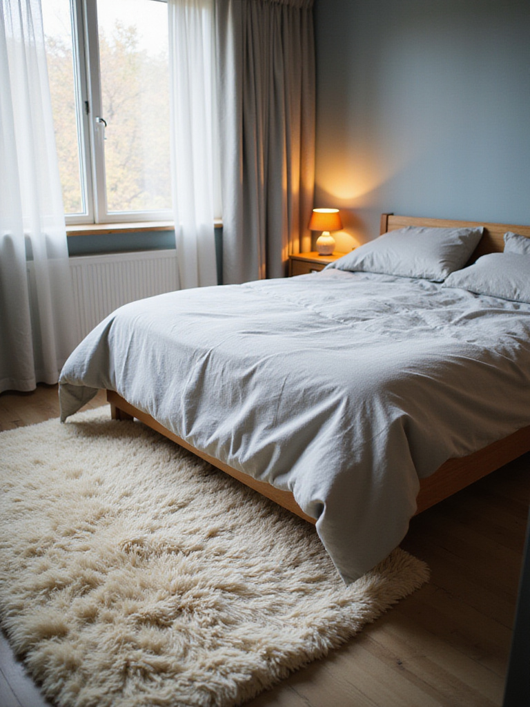 Cozy bedroom with a soft, shaggy rug providing warmth and comfort underfoot.