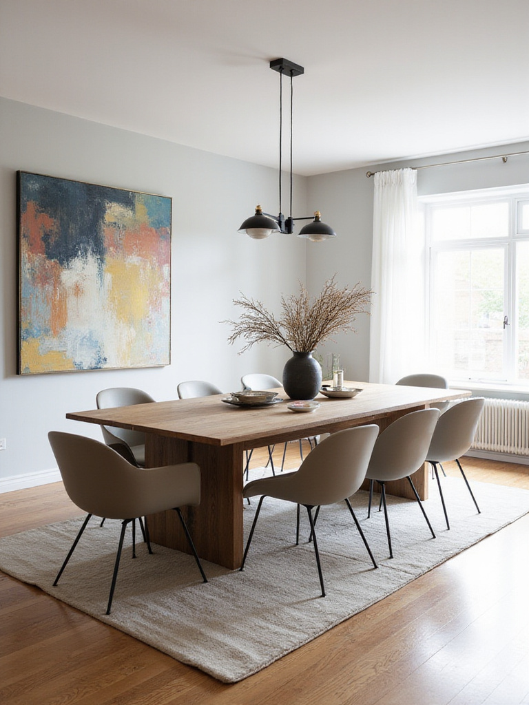 Modern dining room showcasing balanced scale and proportion in furniture and decor.