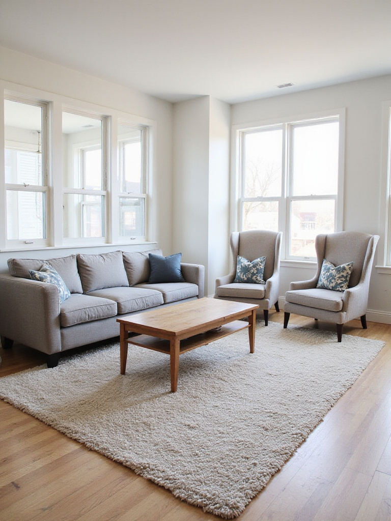 Modern living room with a large rug defining the seating area.