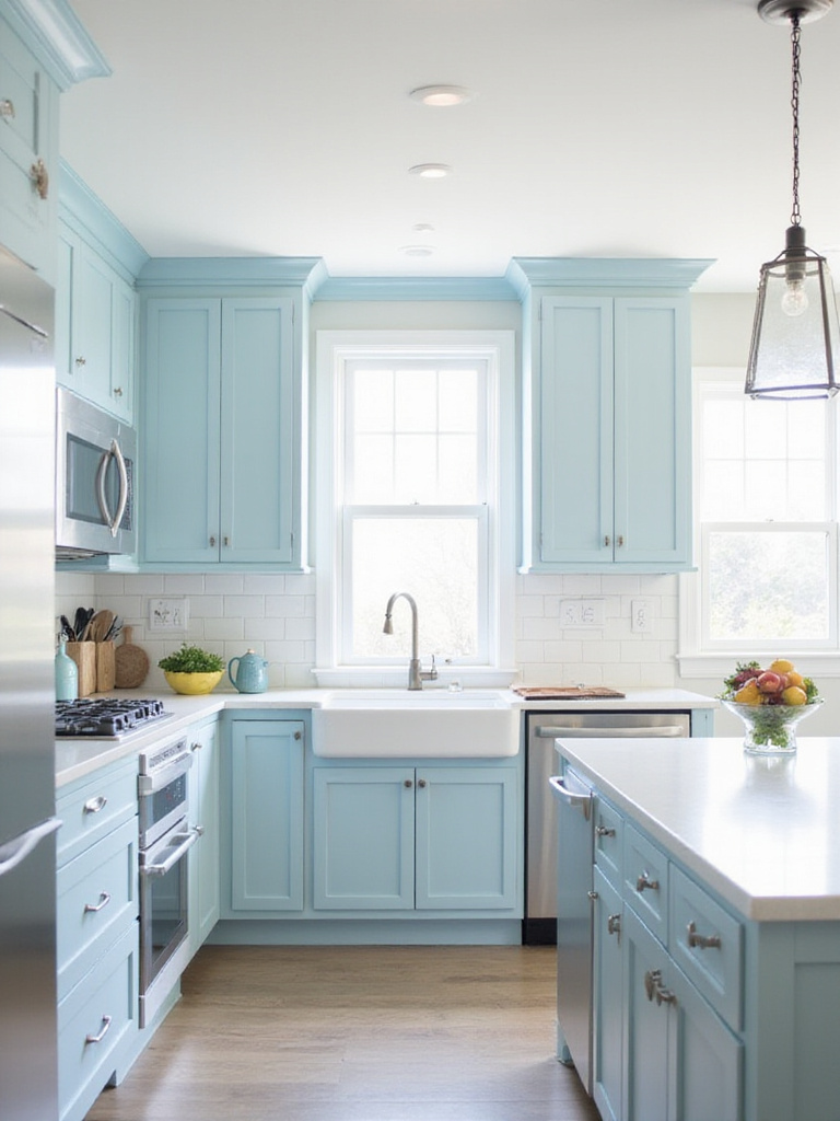 Light and airy kitchen with sky blue cabinets, white quartz countertops, and stainless steel appliances.