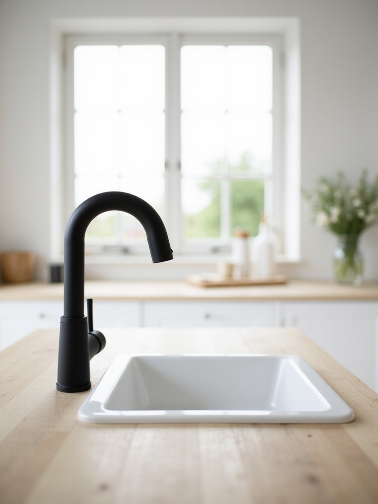 Sleek matte black gooseneck faucet in a Scandinavian kitchen.