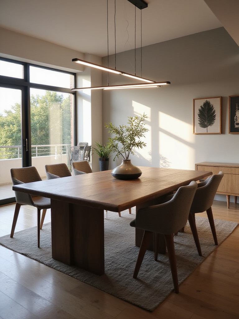 Modern dining room with linear LED chandelier above dark wood table.