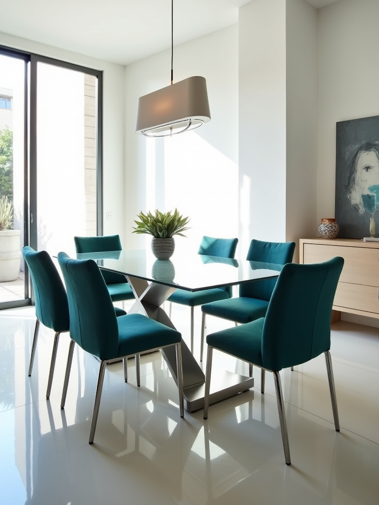Sleek rectangular glass top dining table with stainless steel base and teal upholstered chairs in a modern dining room.