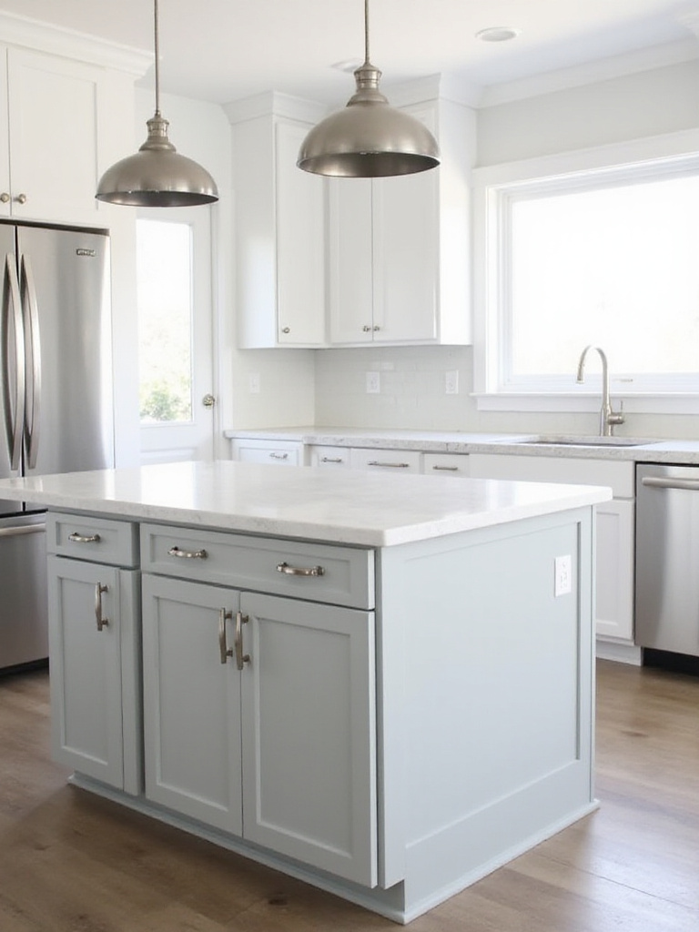 Light gray kitchen island with white quartz countertop and brushed nickel hardware.