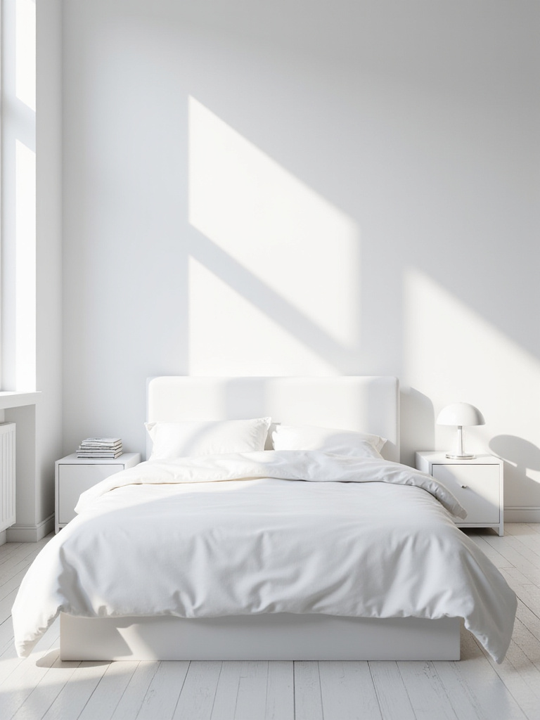 Sleek white nightstands flanking a bed in a minimalist white bedroom.