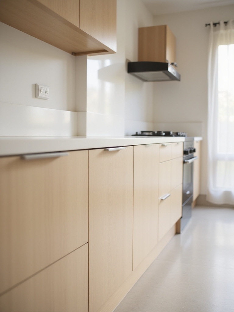 Modern kitchen cabinets with concealed hinges, showcasing a sleek and seamless design.