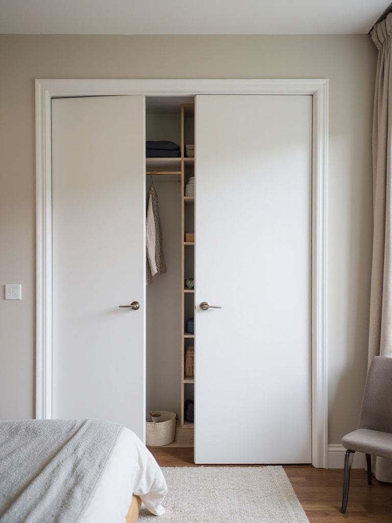 Small bedroom with white sliding closet doors maximizing space.