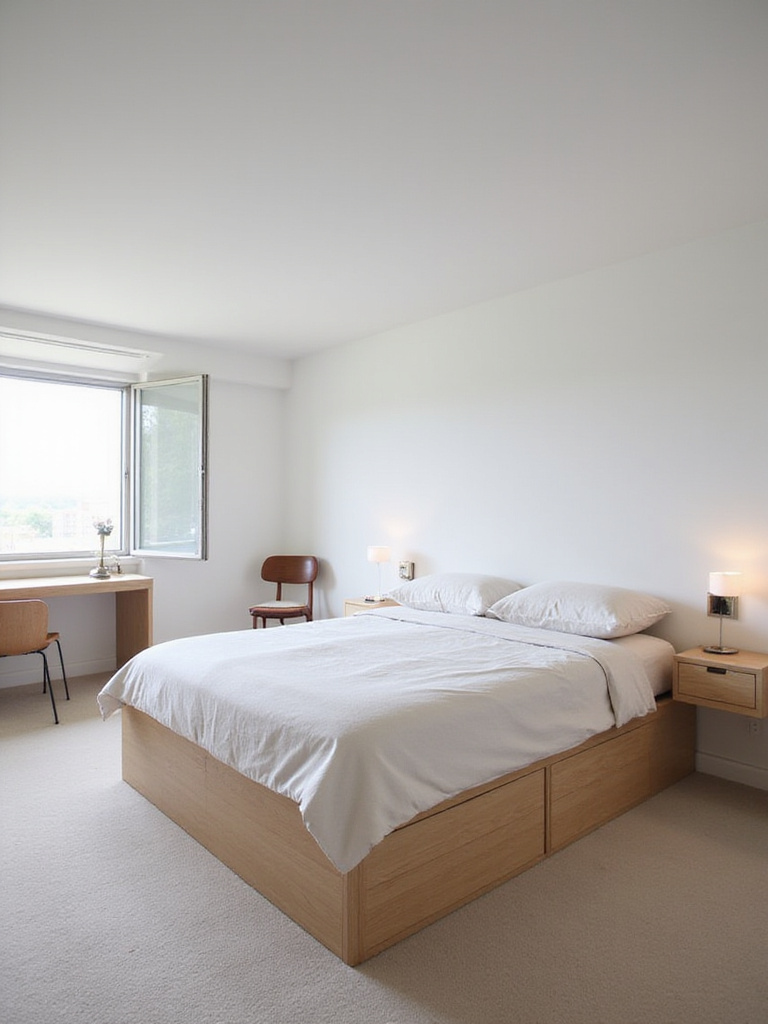 Small bedroom design featuring low-profile furniture to maximize space and create a minimalist aesthetic.