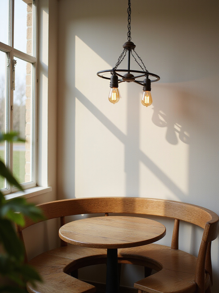 Small rustic chandelier hanging above a dining nook table.