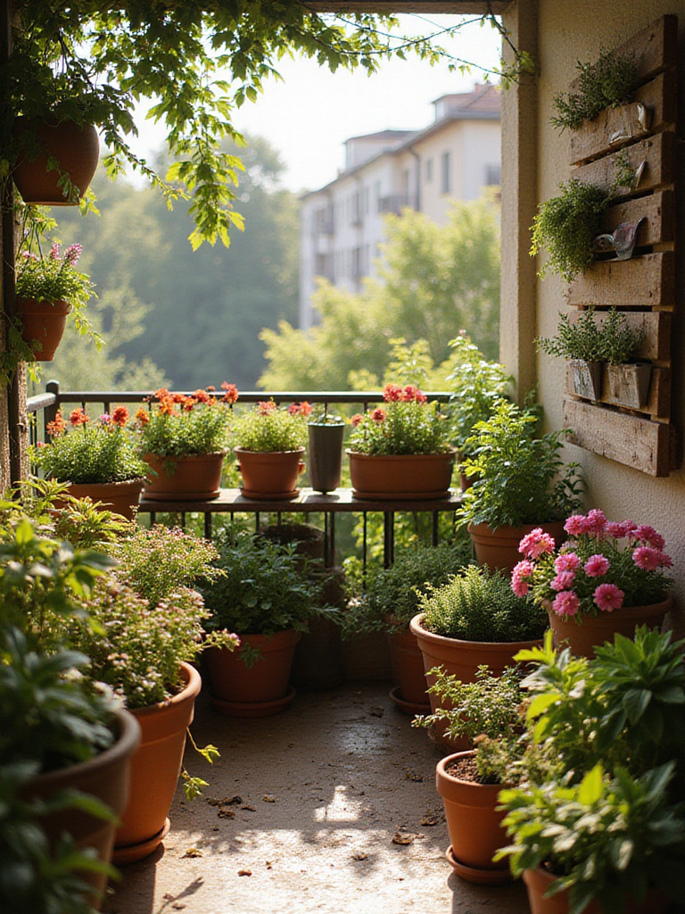 Small balcony flower garden overflowing with colorful plants and vertical gardening elements.