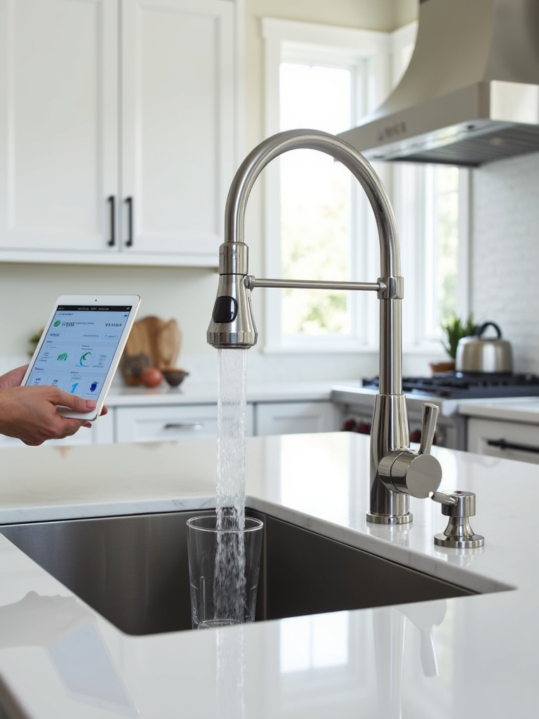 Modern kitchen with smart faucet dispensing water hands-free, showcasing water conservation and technology.