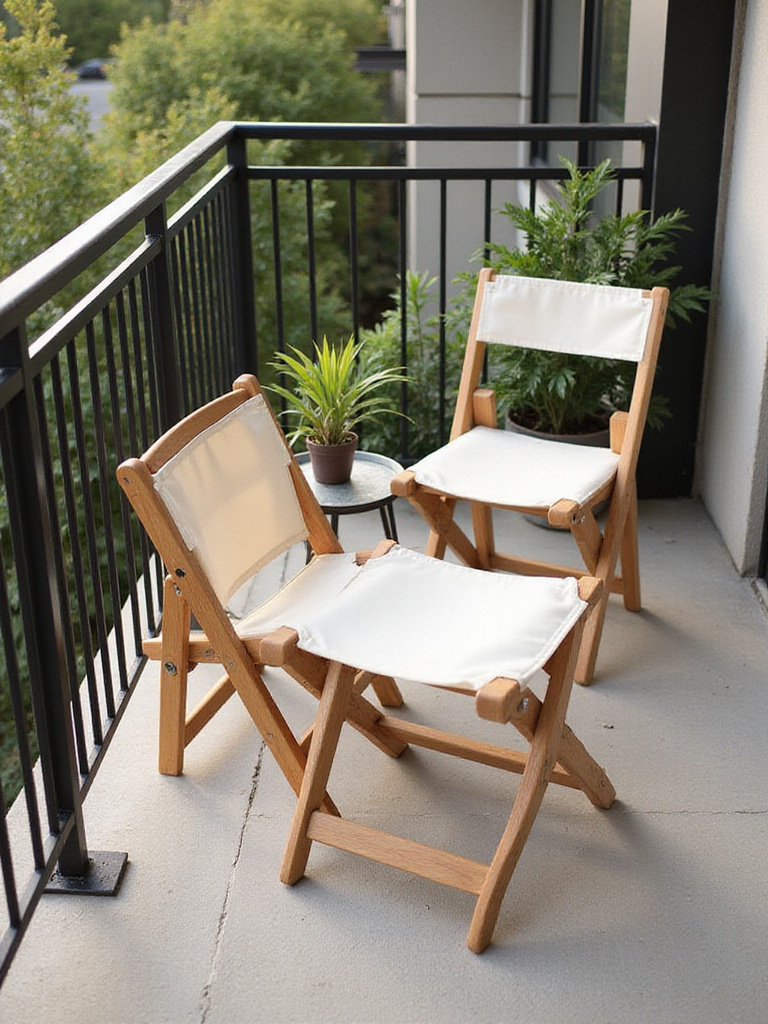 Foldable teak chairs on small apartment balcony, space-saving seating solution