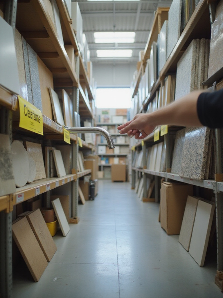 Bathroom material warehouse aisle with clearance items on shelves.