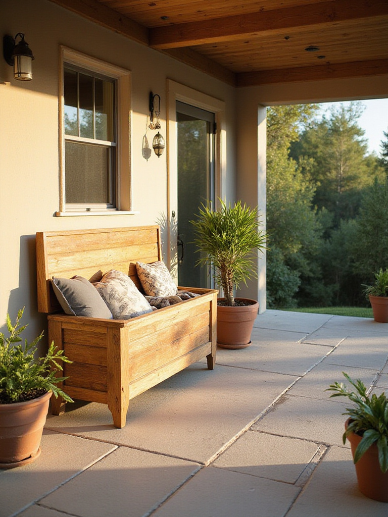 Stylish wooden storage bench on a covered porch with blankets and cushions inside