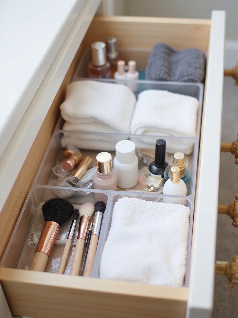 Organized bathroom drawer with clear plastic organizers containing makeup brushes, skincare products, and washcloths.