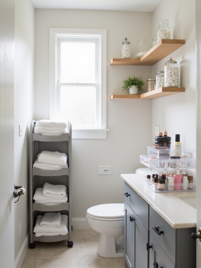 Small bathroom with clever storage solutions like rolling cart, floating shelves, and tiered organizer.