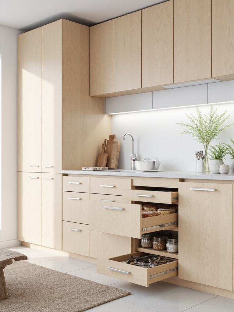 Scandinavian kitchen with smart storage solutions including pull-out drawers and organized cabinets.