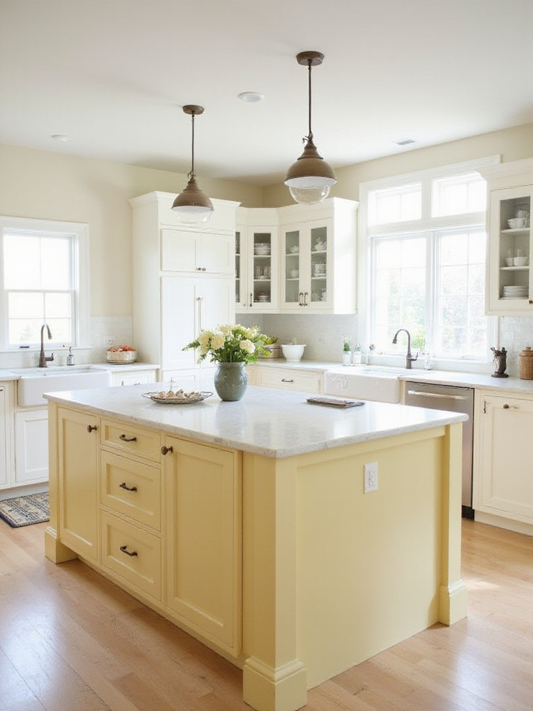 Soft pale yellow kitchen island with white quartz countertop in a bright kitchen.