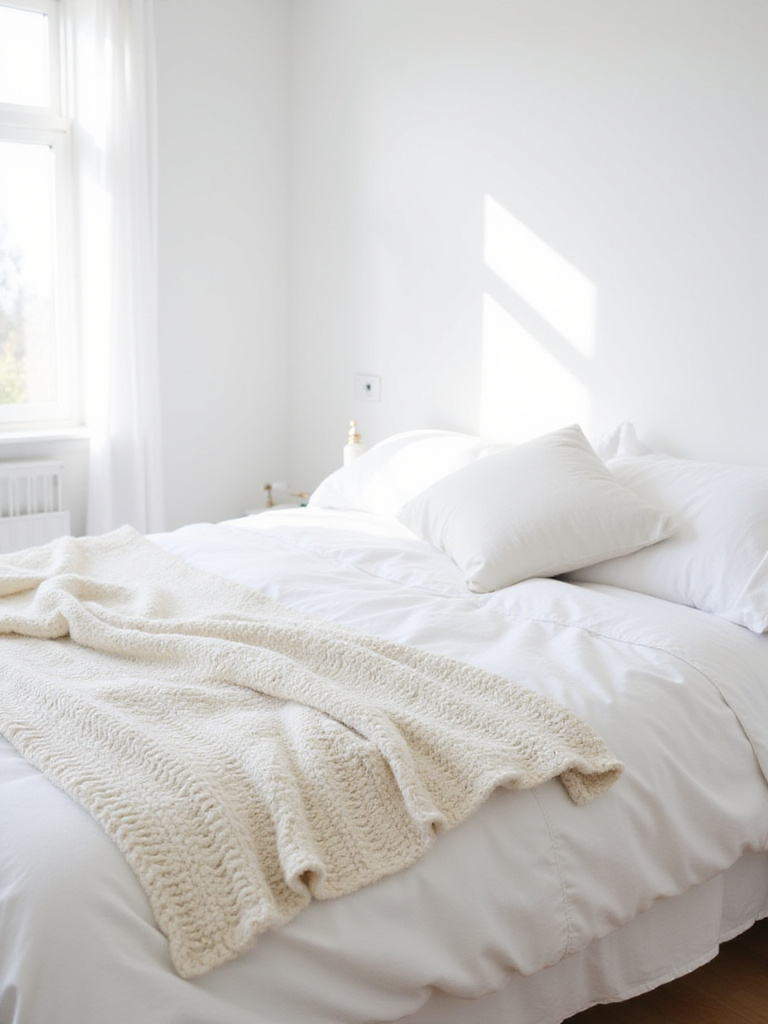 Soft white chunky knit throw blanket draped across a white bed in a serene white bedroom.