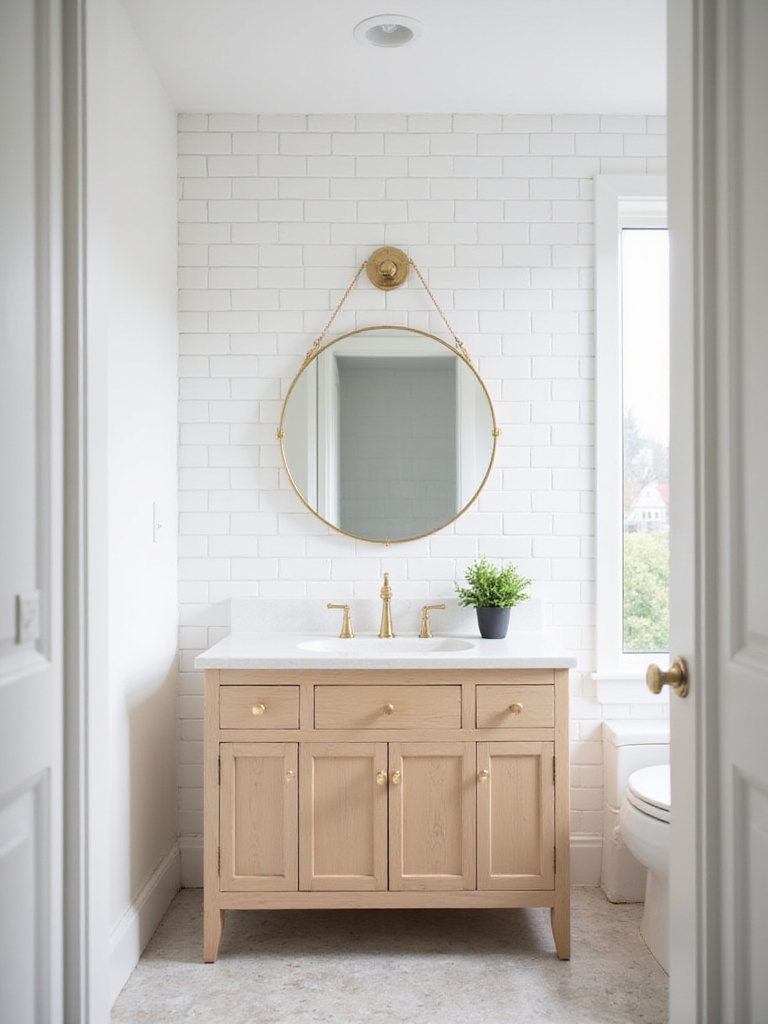 Small bathroom remodel with white tile and a round gold-framed mirror.