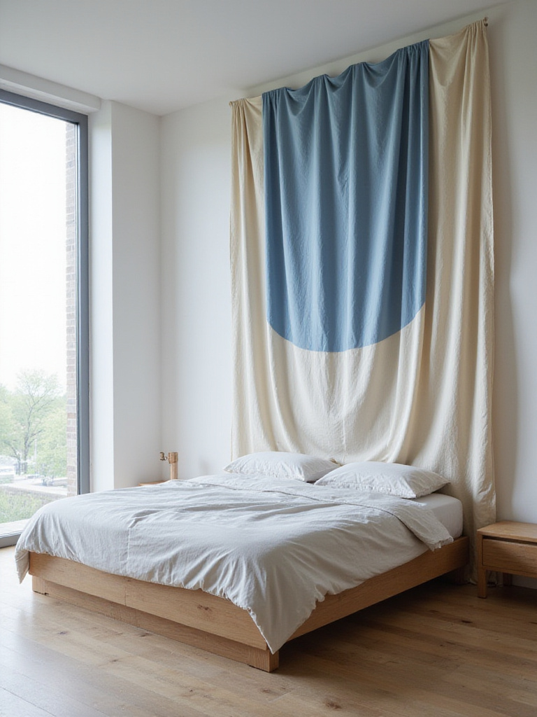 Bedroom featuring a flowing fabric wall hanging in soft blues and creams behind the headboard.
