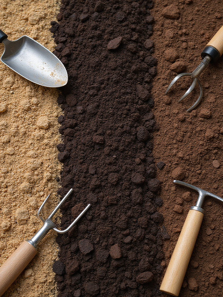 Different soil types for flower gardening including sandy, compost, and clay soil.