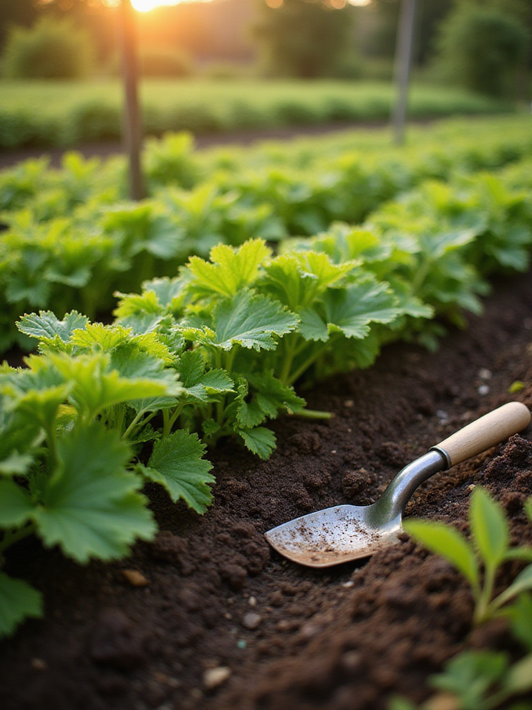 Healthy vegetable garden with dark, rich soil