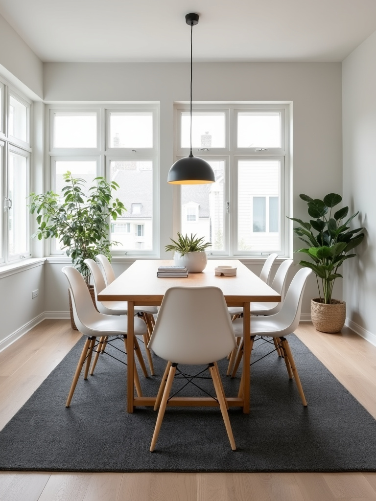 Contemporary dining room with dark gray solid rug anchoring a light wood table and white chairs.