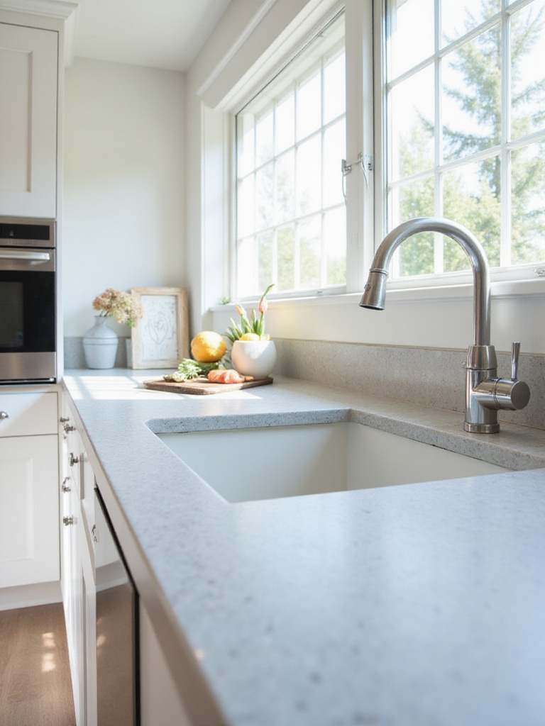 Modern kitchen with white shaker cabinets and light gray solid surface countertop with integrated sink.