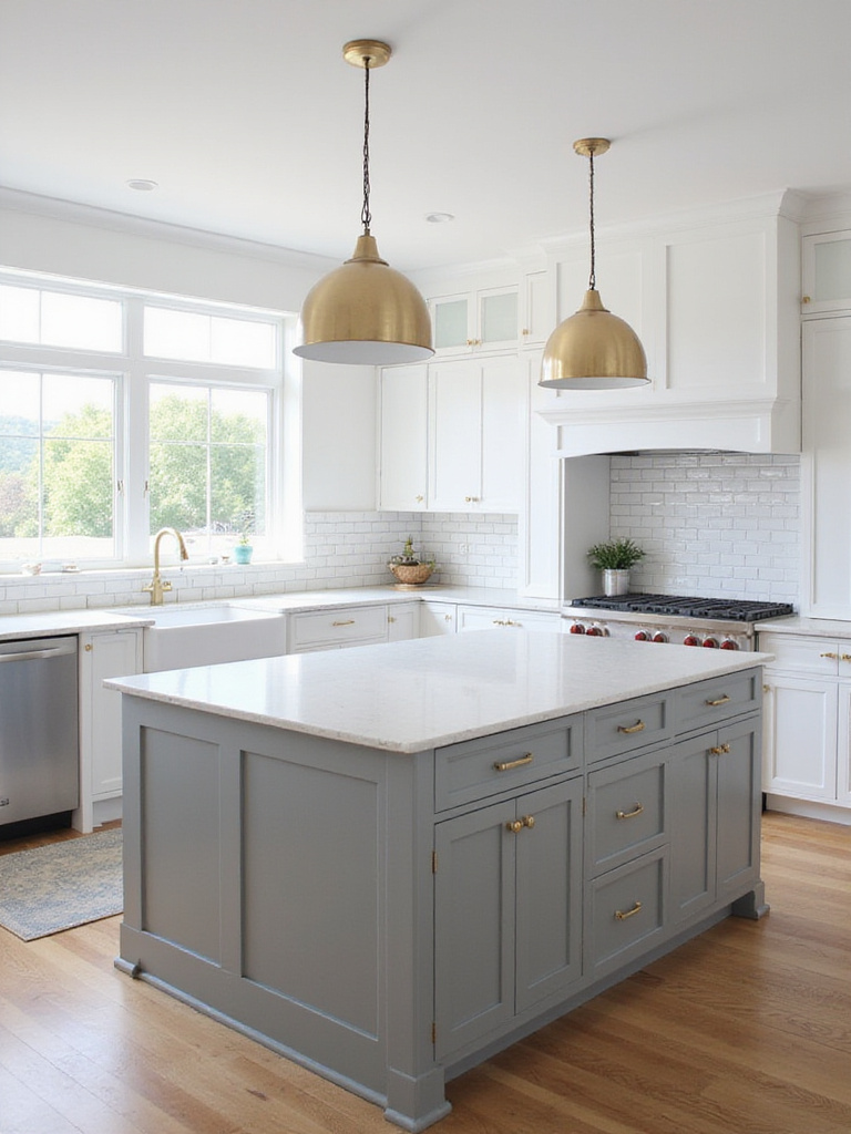 Gray kitchen island with white quartz countertop and brass hardware.