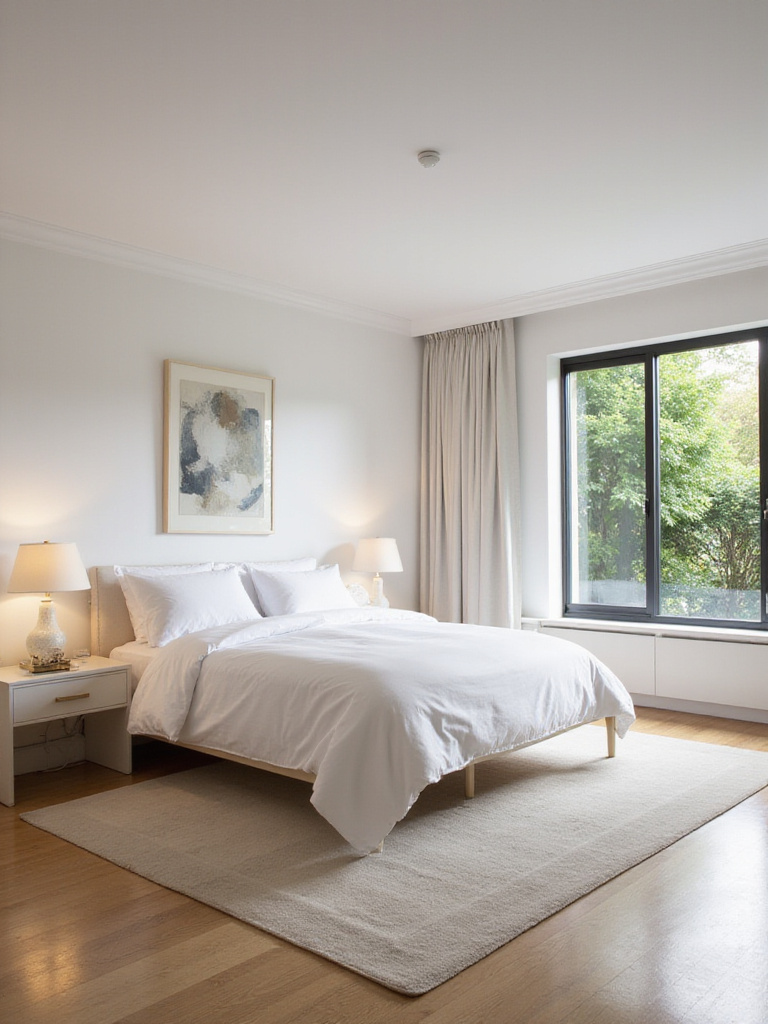 Spacious luxury bedroom with minimalist design and ample natural light, showcasing the feeling of openness and tranquility.