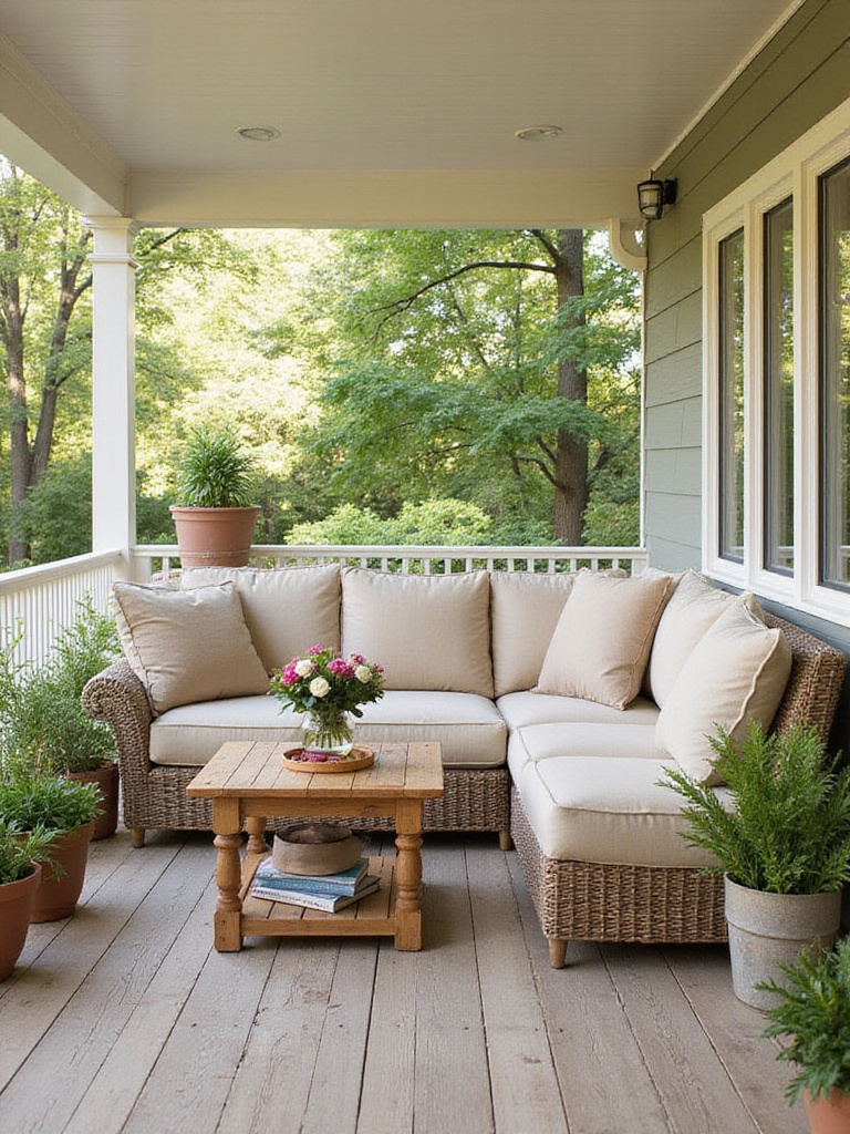 Spacious L-shaped wicker sectional sofa with neutral cushions on a covered porch, surrounded by plants and a coffee table.