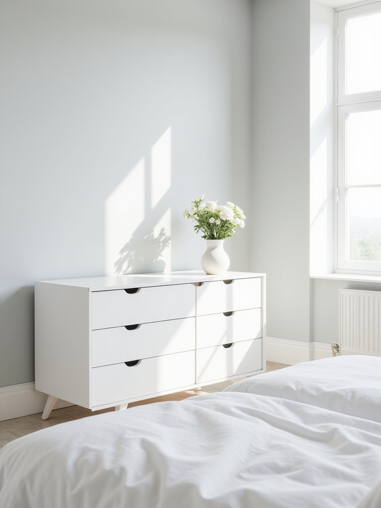 Spacious white dresser in a serene white bedroom aesthetic