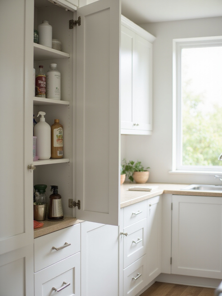 Open kitchen cabinet with cleaning supplies being used for a deep clean.