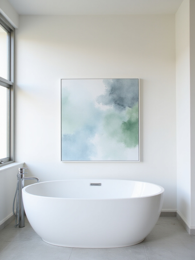 Abstract watercolor art above bathtub in modern bathroom