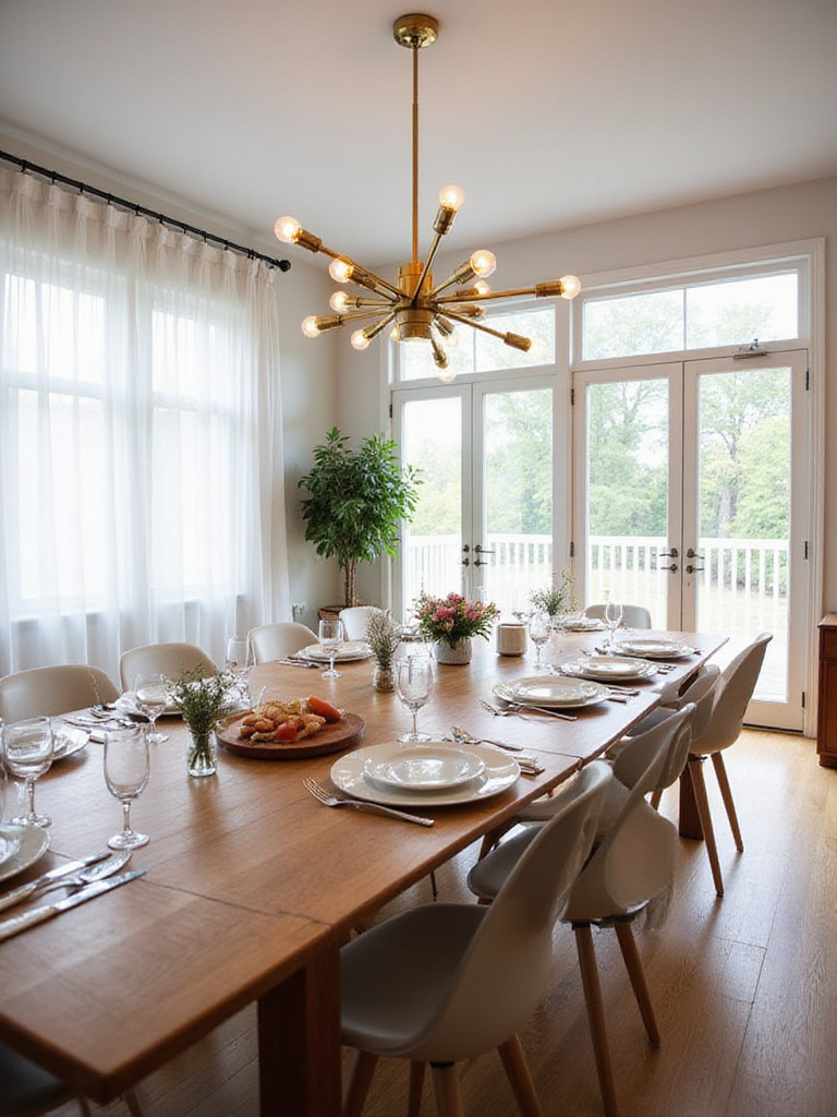Dining room with teak table illuminated by a brass Sputnik chandelier in a Mid-Century Modern style