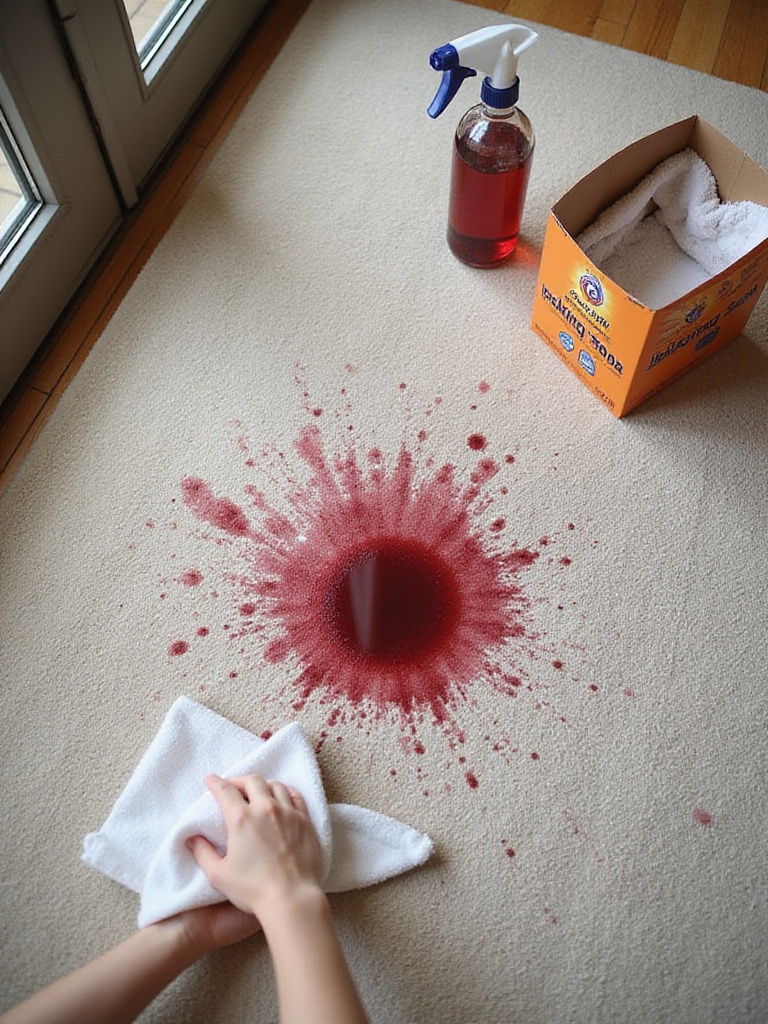 Close-up of someone blotting a red wine spill on a living room rug with cleaning supplies nearby.