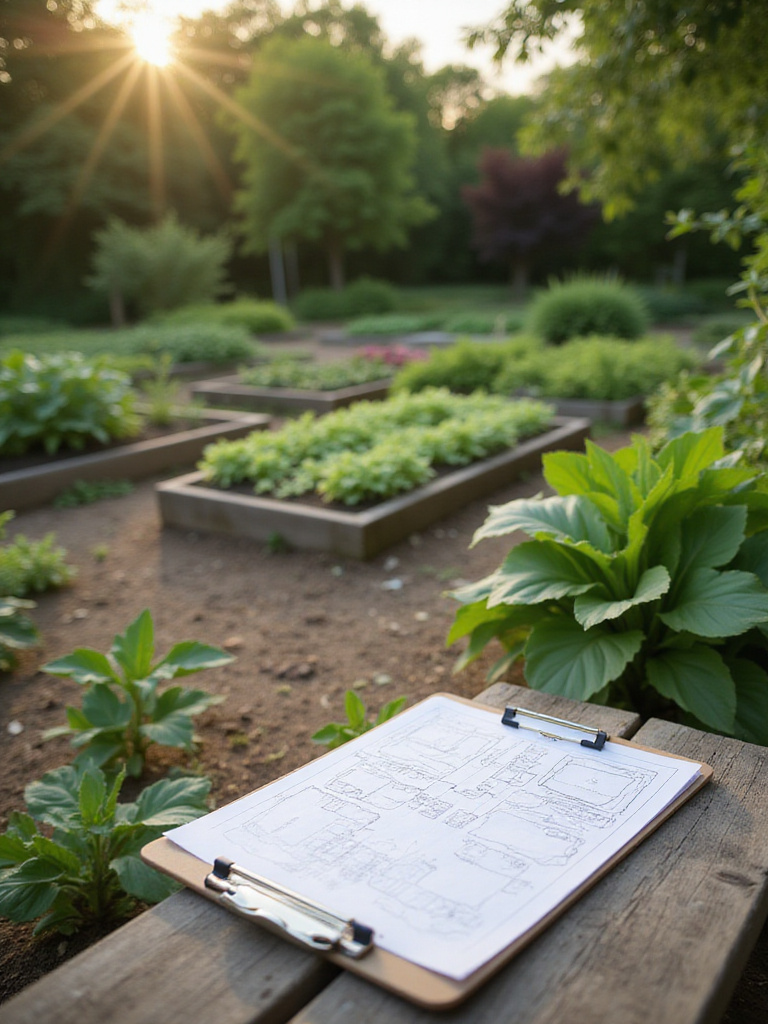 Well-organized vegetable garden with a visible garden plan on a clipboard