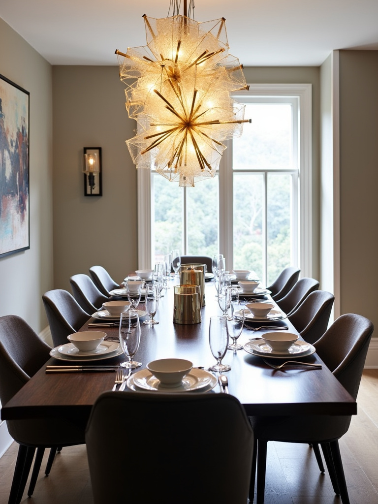 Contemporary dining room with a statement geometric chandelier illuminating a dark wood dining table.