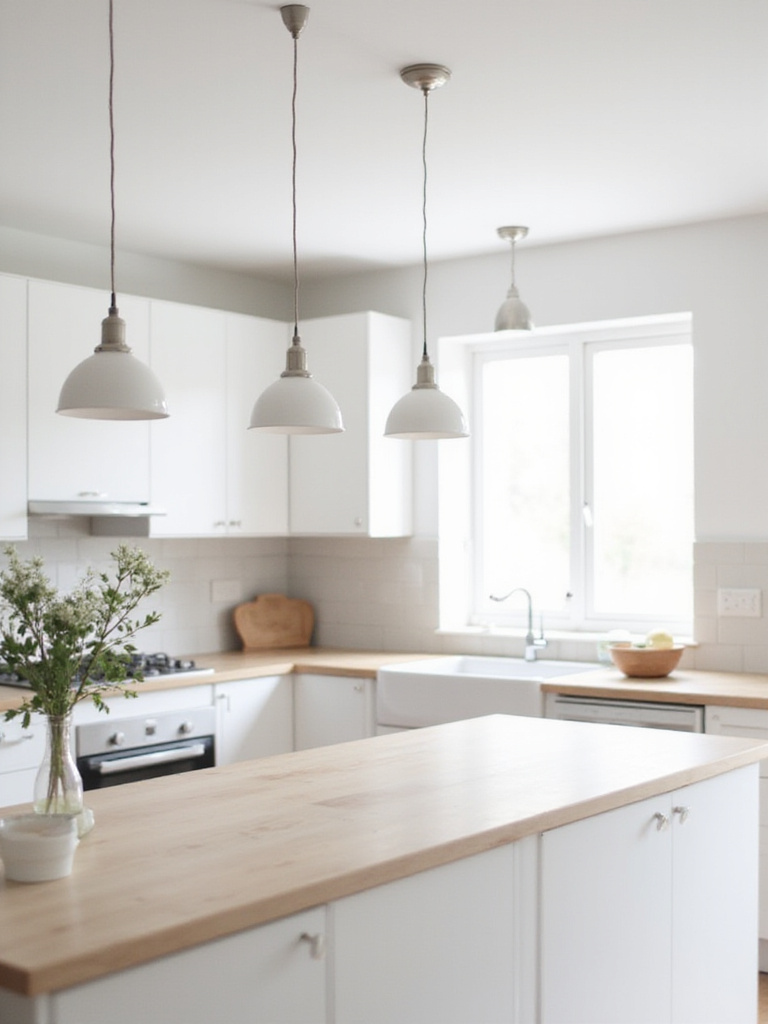 Scandinavian kitchen with white cabinets and pendant lights above island