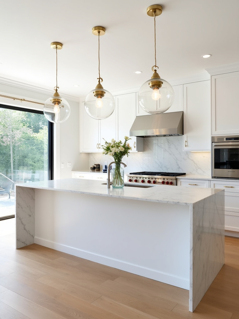 Modern kitchen with statement pendant lighting above a marble island