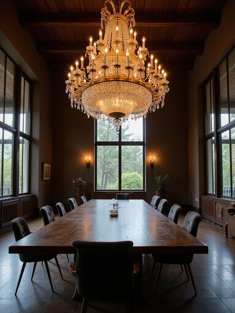 Oversized crystal chandelier hanging above a dining table in a large, elegant dining room.