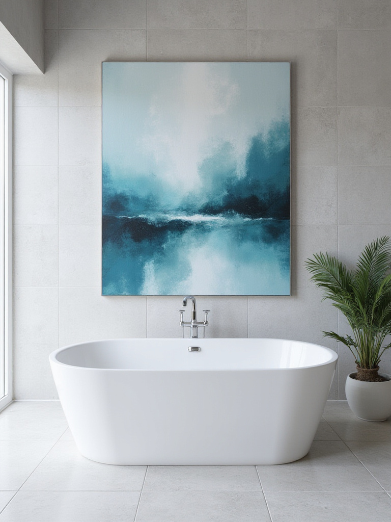 Modern bathroom with oversized abstract art above a freestanding bathtub