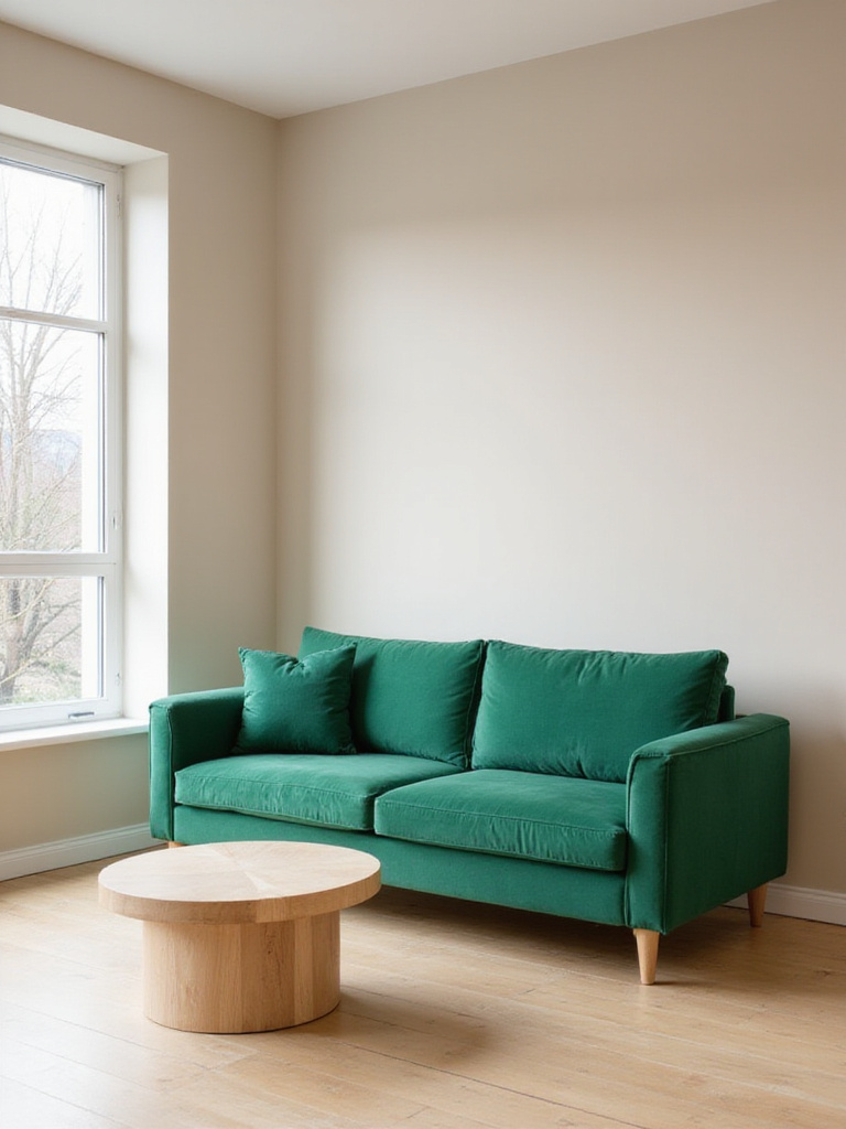 Emerald green velvet sofa as a statement piece in a modern apartment living room.