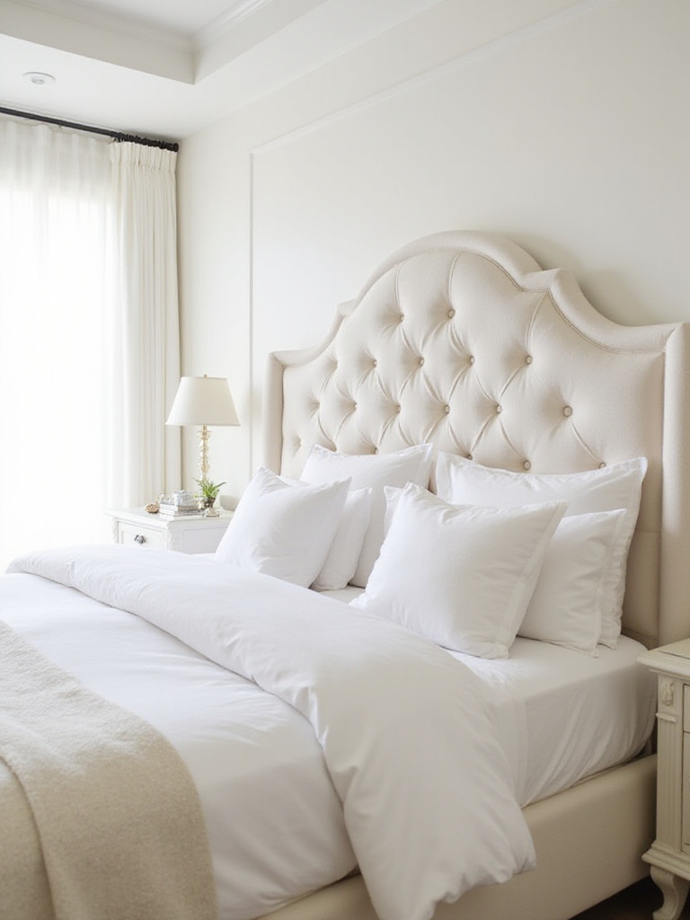 White bedroom with a statement tufted white headboard as the focal point.