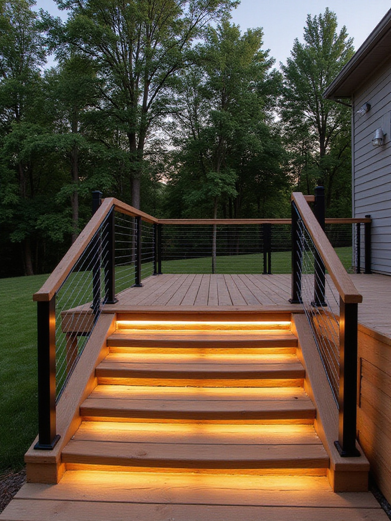 Modern deck with wooden stairs and integrated lighting leading to a green lawn.