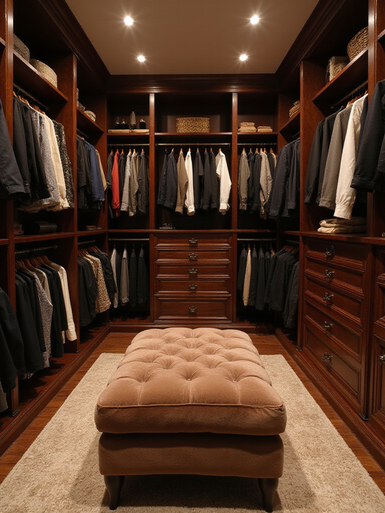 Luxurious walk-in closet with custom shelving and organized clothing.